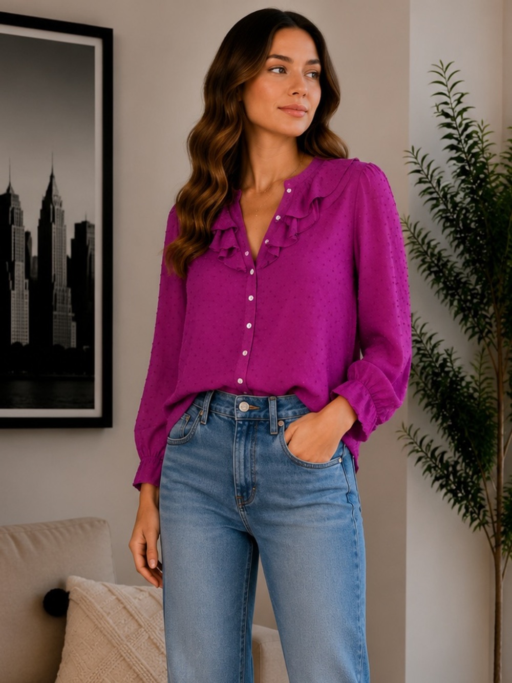 J. Crew Long Sleeve Ruffle Neck Swiss Dot Button Down blouse size Medium